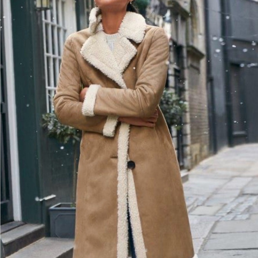 Boden Bell Teddy Tan Faux Suede Faux Shearling Lined and Trimmed Long Coat Sz 16 - Picture 4 of 14